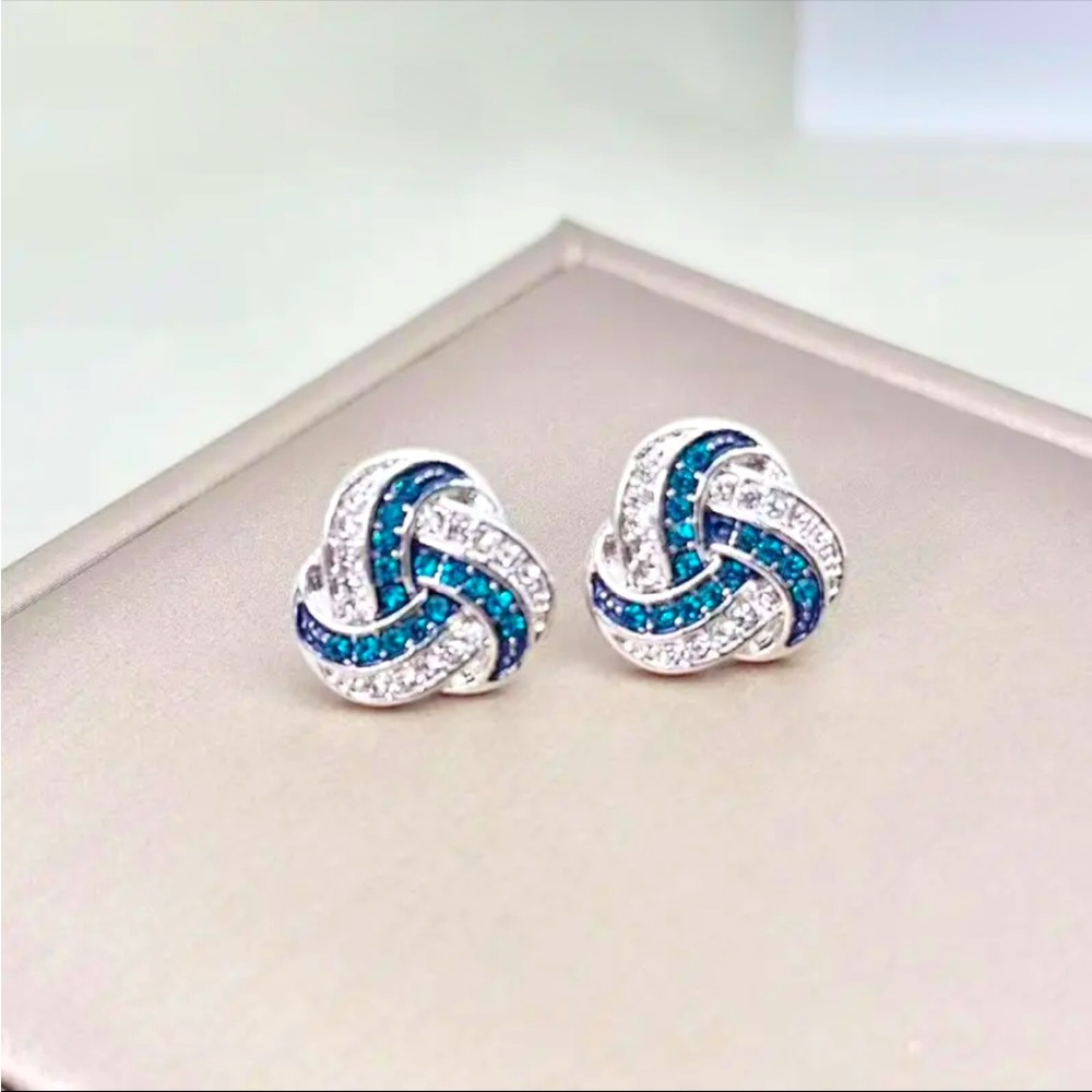 Cute Fashionable Geometric Blue Rhinestone Stud Earrings Stylish‎ Silver Plated